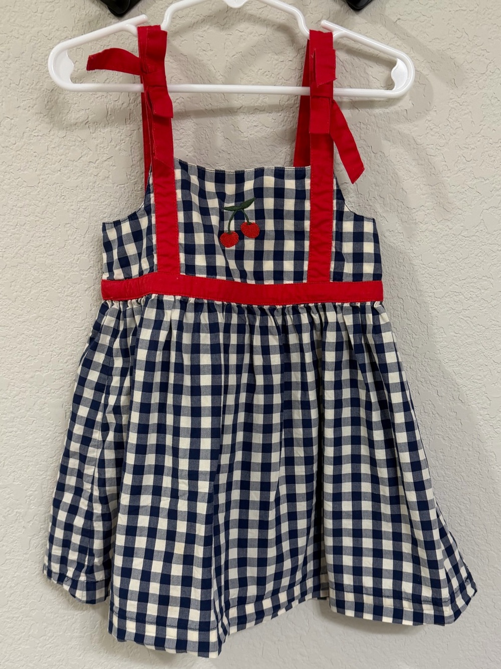 Hanna Andersson Girls Navy Gingham Dress Red Trim and Embroidered Cherry
